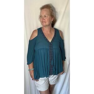 Xhilaration Teal Cold Shoulder Rayon Blouse Top Womens L
